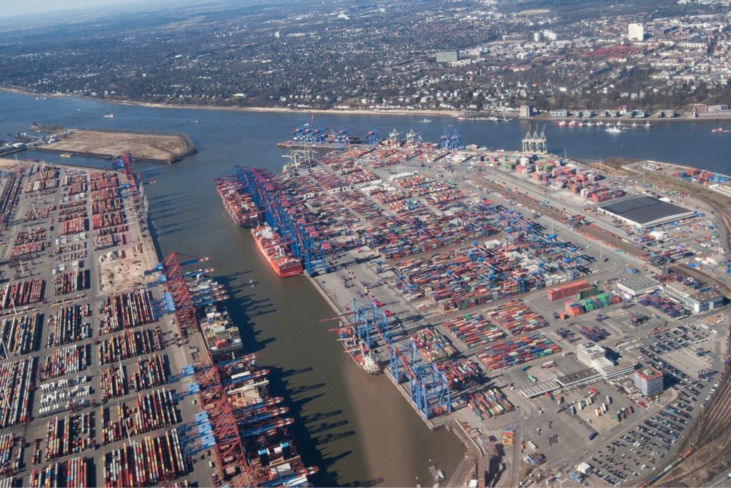 Arial view of container port in city